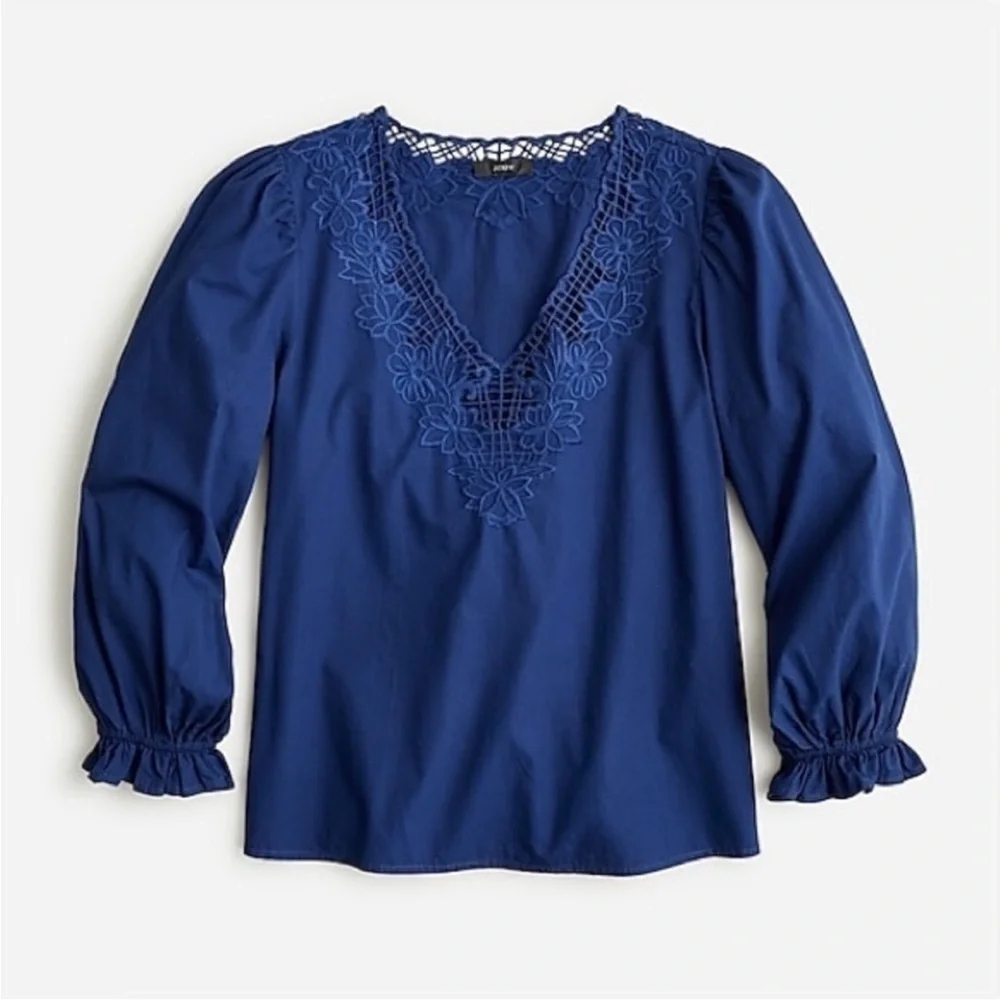 J Crew V neck top eyelet trim navy blue long sleeve cotton shirt blouse Sz L NEW